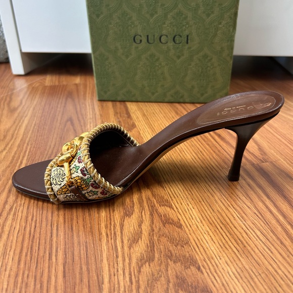 Gucci Brown Woven Jute Horsebit Heels Gold Chain Link Women’s Size 8.5B w/ box - Picture 6 of 11